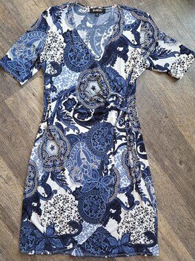 Navy & White Paisley Print Faux Wrap Dress Sz 10 Glamour & Co